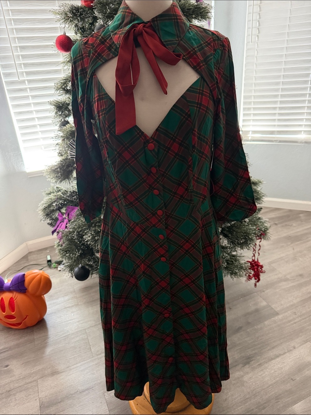 Unique Vintage Green & Red Plaid Tie-Neck Midi Dress